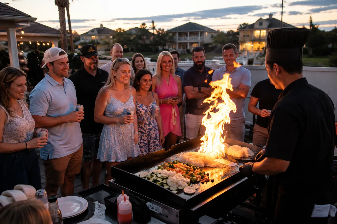 Guests gathered around a real hibachi fire show